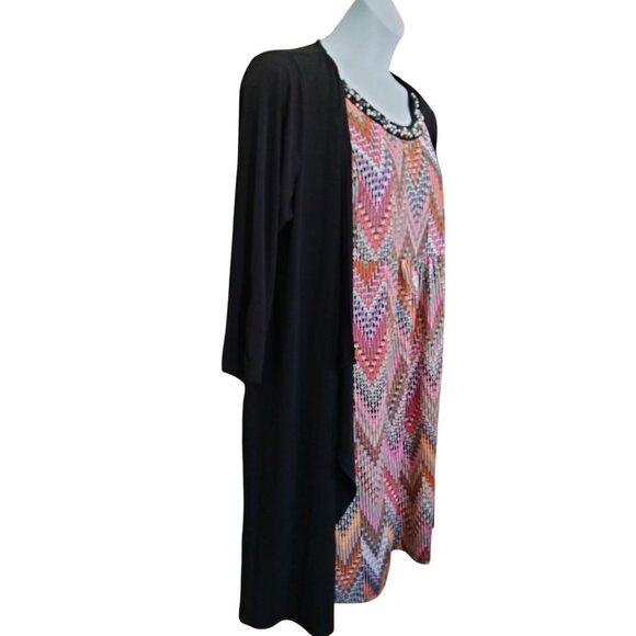 Notations 2X Dress Black Layered Look Jacket Chevron Print Embellished Neckline - Picture 4 of 11